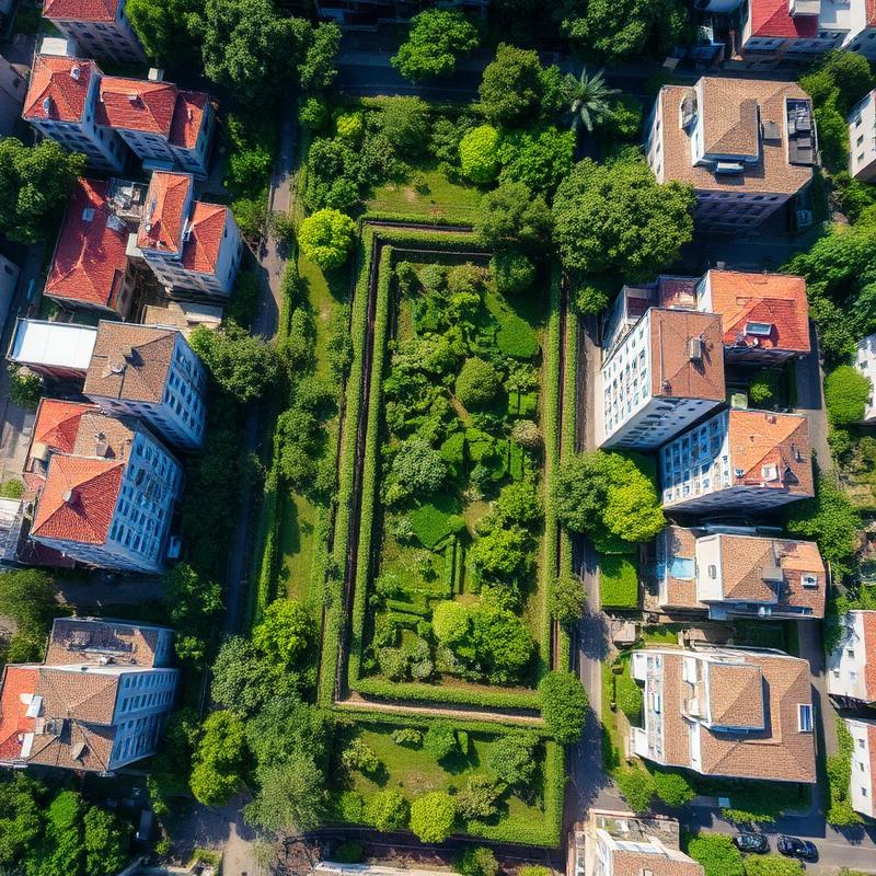 Vista aérea de horta urbana entre construções